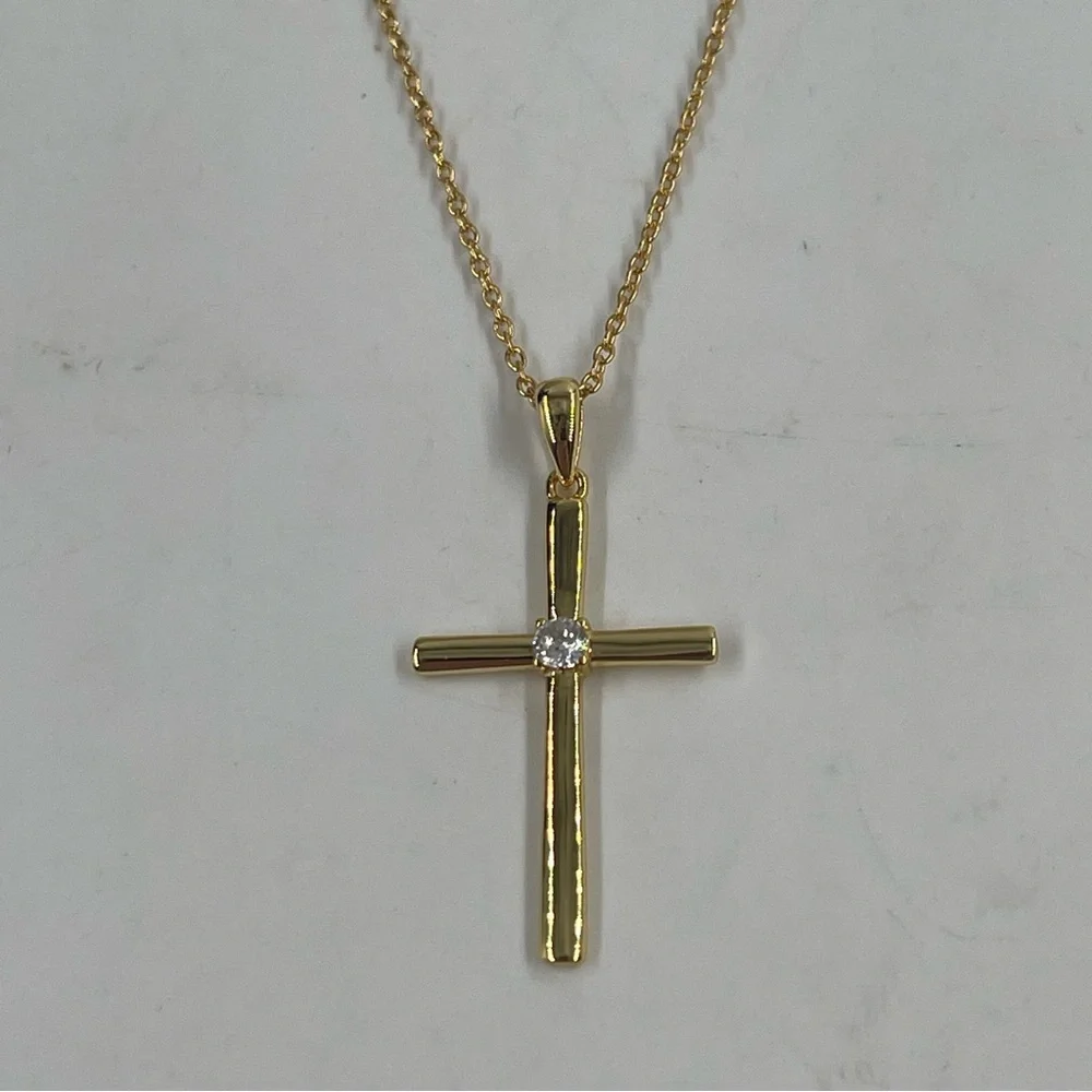 20” Sterling Silver 925 Chain Gold Tone Cross Tiny Crystal Gem Pendant Necklace
